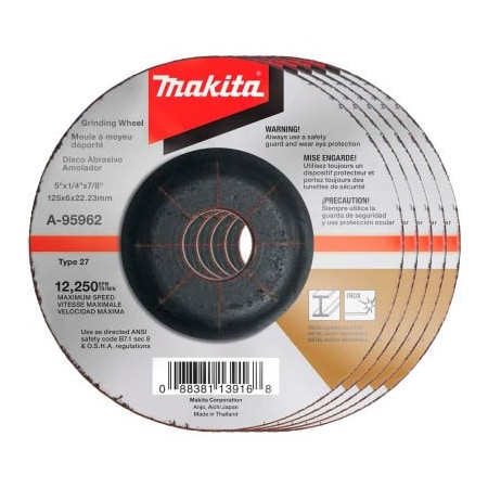 Makita Makita INOX Grinding Wheel, 36 Grit, Type 27, 5in Dia x 1/4inT x 7/8in Cntr Hole Dia, 25/Pk A-95962-25
